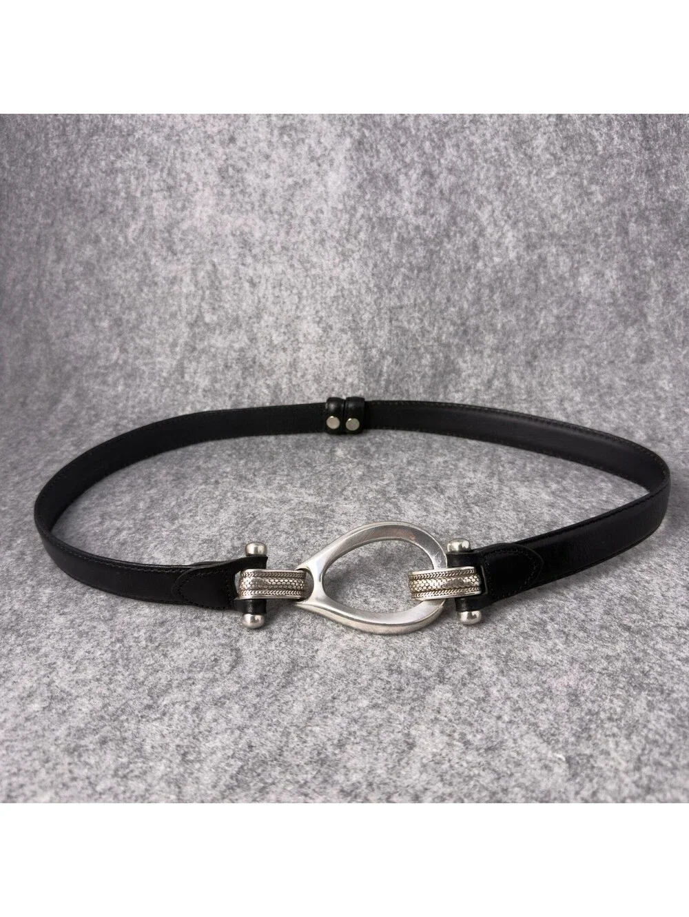 Black Leather Belt with Decorative Silver Buckle, Size Small/Medium